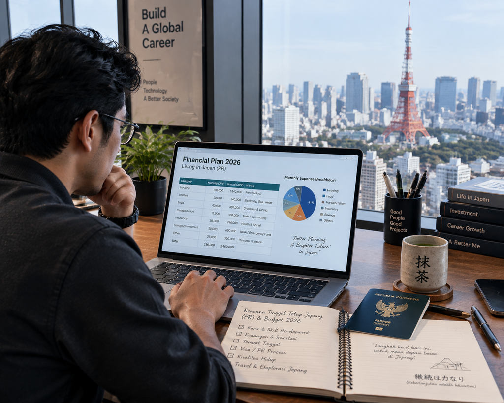 Waspada, Izin Tinggal Tetap Jepang Naik 20 Kali Lipat Oktober 2026 3 Pekerja migran dan profesional Indonesia di Tokyo meninjau perencanaan anggaran biaya hidup dan izin tinggal jangka panjang.