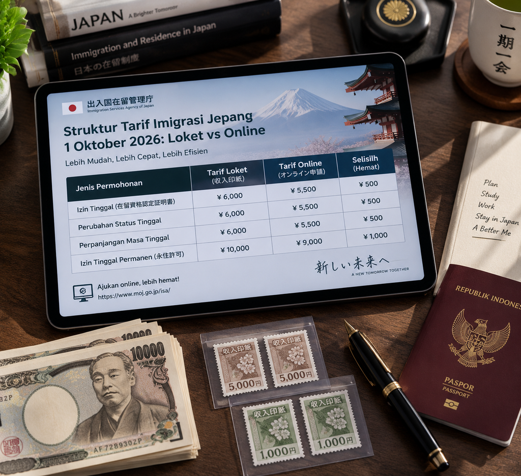 Waspada, Izin Tinggal Tetap Jepang Naik 20 Kali Lipat Oktober 2026 4 Tablet menampilkan tabel perbandingan tarif baru izin tinggal Jepang di loket versus daring beserta uang Yen dan perangko pendapatan.