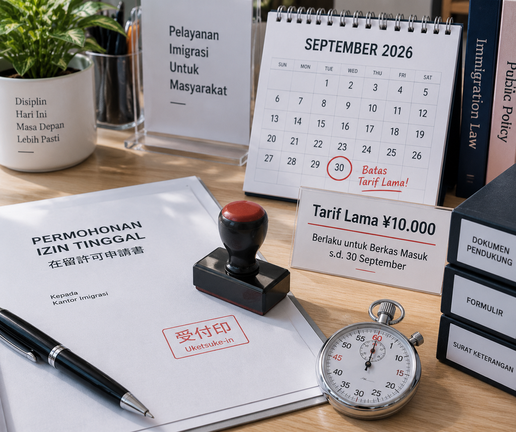 Waspada, Izin Tinggal Tetap Jepang Naik 20 Kali Lipat Oktober 2026 5 Penanggalan batas waktu aturan transisi 30 September 2026 dengan stempel penerimaan berkas imigrasi tarif lama.