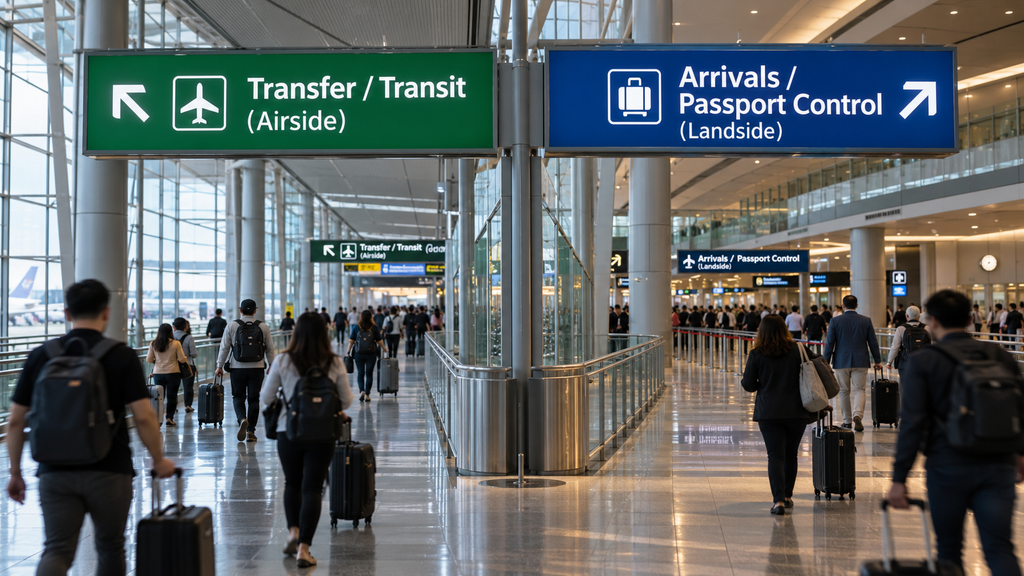 Transit Bandara Tak Selalu Butuh Visa, Tergantung Paspor dan Rutenya 2 Papan petunjuk arah di bandara yang membedakan jalur penumpang transfer internasional (airside) dan kedatangan (landside).