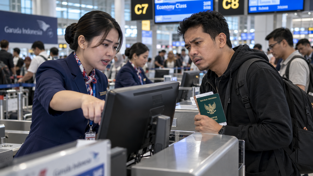 Transit Bandara Tak Selalu Butuh Visa, Tergantung Paspor dan Rutenya 3 Petugas maskapai (ground handling) memberikan penjelasan kepada penumpang di meja check-in terkait dokumen visa yang tidak memenuhi syarat.
