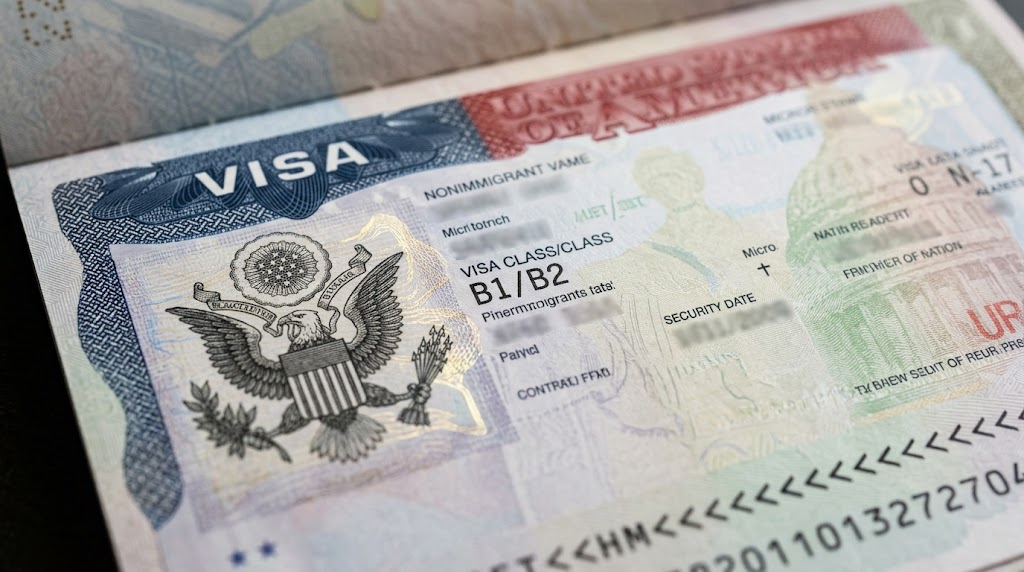 Transit Bandara Tak Selalu Butuh Visa, Tergantung Paspor dan Rutenya 6 Tampilan jarak dekat (macro) stempel Visa Amerika Serikat B1/B2 di dalam halaman paspor yang masih berlaku.