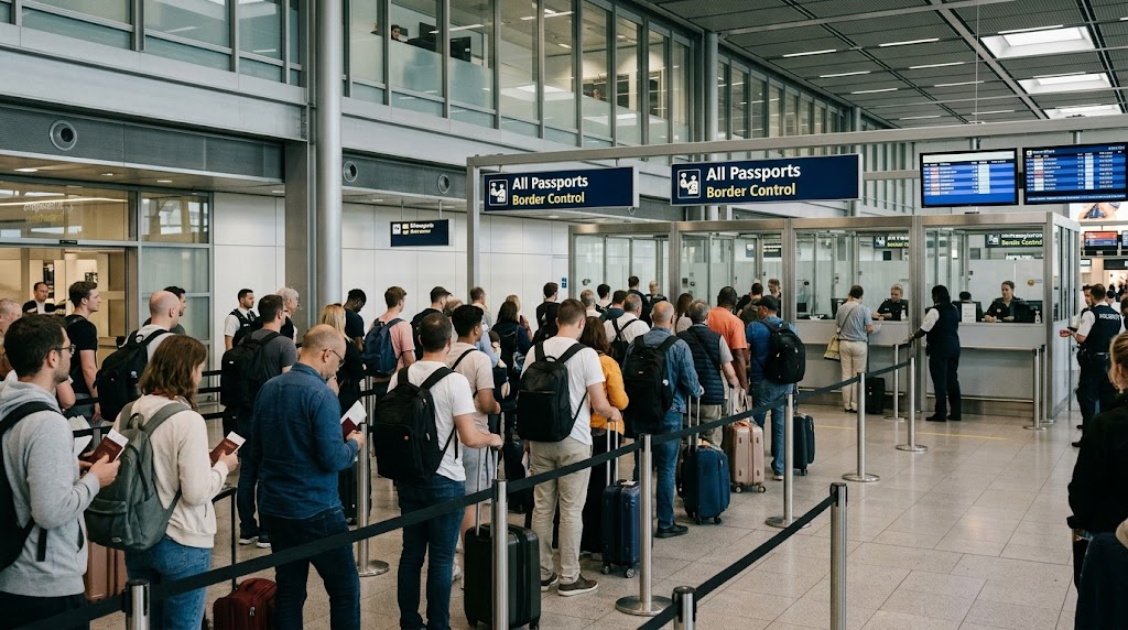 Transit Bandara Tak Selalu Butuh Visa, Tergantung Paspor dan Rutenya 5 Antrean panjang pelancong di gerbang pemeriksaan paspor (passport control) perbatasan negara Schengen di sebuah bandara Eropa.