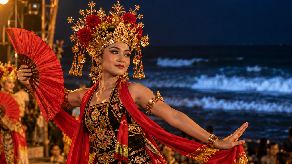Detail penari Gandrung dengan tata cahaya dramatis dan mahkota omprog emas menari di tepi pantai pasir Banyuwangi.